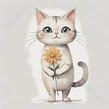 A painted white cat gives a flowers. Happy birthday greeting card on white background