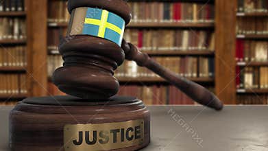 Sweden Flag on Judge Hammer in Court with Word Justice. Justice System Concept