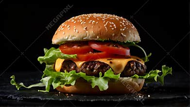 Burger Isolated on Black Background. Hamburger Sandwich Movement Scene. Modern Food Café Advertising Banner Background Template.