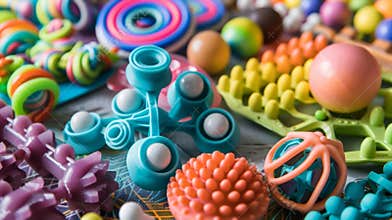 An assortment of different sensory tools and toys used in therapy such as fidget spinners and stress balls