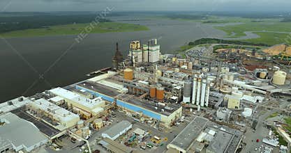 Wood processing factory manufacturing yard. Brunswick cellulose and paper plant in Georgia, USA. Paper mill factory