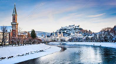 Salzburg skyline with river Salzach in winter, Austria