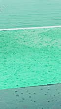 raindrops fall on the water surface of the swimming pool in a luxury villa, sea view, it is raining heavily, no people