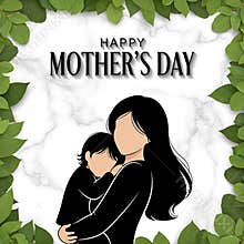 Minimalist illustration celebrating mothers holding their sleeping children with lush green borders