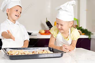 White Kids in Apron Made Pizza