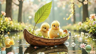 Easter chicks float in a nutshell boat decorated with violets. Flowers surround them, colorful Easter eggs float, and gold flakes.