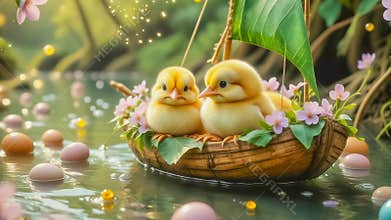 Easter chicks float in a nutshell boat decorated with violets. Flowers surround them, colorful Easter eggs float, and gold flakes.