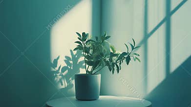 Green plant in pot casting shadows on wall