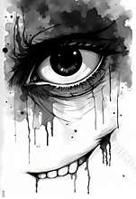 Dark in sketch of a creepy eye and sinister grin