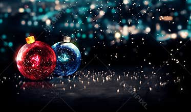 Baubles Christmas Night Bokeh Beautiful 3D Background Red Blue