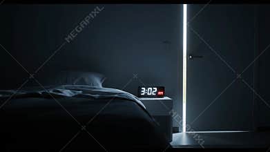 Minimalist Bedroom Scene Featuring Bedside Clock Displaying 3 02 AM in Dark Bedroom and Open Door Emitting Bright Light