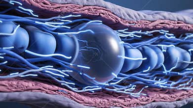 Schwann Cell Myelination Nerve Axon Anatomy Illustration Animation Study of Blue Nerve Cells and the Process of
