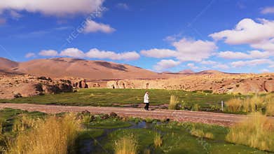 A solitary figure traverses a salt lake in Bolivia, framed by towering mountains under a clear blue sky