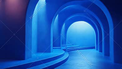 Blue arched passage with curved steps and ambient light