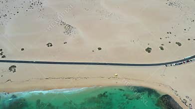 Desert Road Cutting Through Corralejo Dunes, Aerial View, Fuerteventura