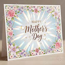 Elegant floral happy mother's day greeting card featuring shimmering holographic light burst design