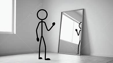 Solitary Stick Figure Gazing at Reflection in Mirror Against White Wall
