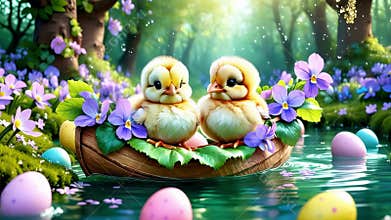 Easter chicks float in a nutshell boat decorated with violets. Flowers surround them, colorful Easter eggs float, and gold flakes.