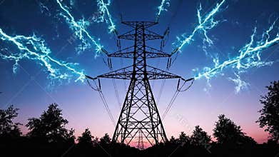 High Voltage Power Lines with Electric Arcs at Dusk, power infrastructure concept