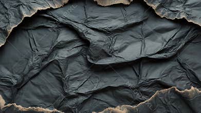 Closeup of dark crumpled paper texture with natural edges and subtle lighting creating a dramatic