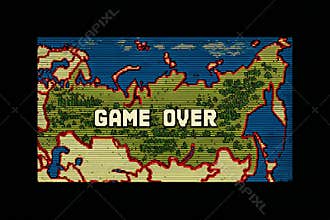 Game Over Screen Displayed on a Retro Video Game Showing a Colorful Map With Text in Bold Letters, Symbolizing the End of a Level