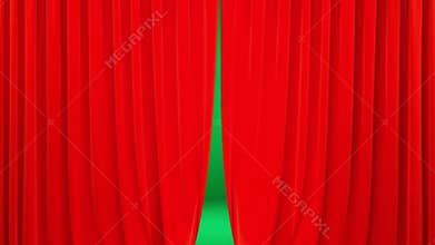 Red curtains opening to reveal green background for presentations or events with dramatic entrance