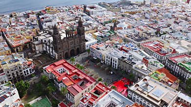 Aerial 4K over Catedral de Santa Ana, Las Palmas de Gran Canaria