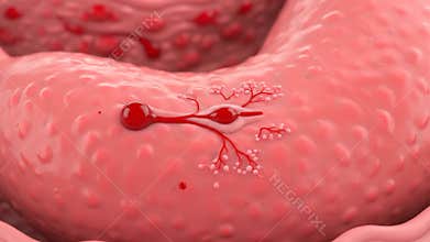 Close-Up of Polyp Growth Simulation on a Pink Tissue Surface with Red Vascular Structures and Spherical End Buds for