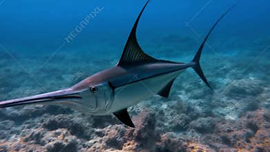 Action perspective of an apex marine predator swimming at high speed with realistic water dynamics and silver reflections