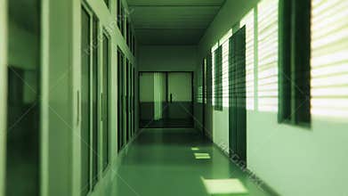 Long empty school hallway with sunlight stripes