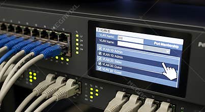 Network switch configuration screen showing VLAN port membership assignment and connected cables