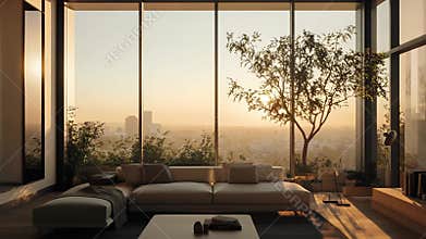 Modern living room interior with city view at sunset