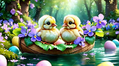 Easter chicks float in a nutshell boat decorated with violets. Flowers surround them, colorful Easter eggs float, and gold flakes.