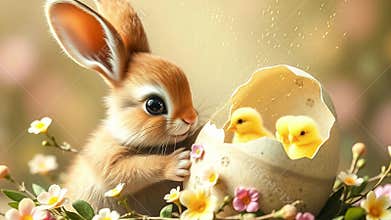 Easter bunny and Easter chicks in eggshells