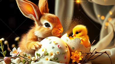 Easter bunny and Easter chicks in eggshells