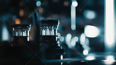Scientific glassware in a dark laboratory for research