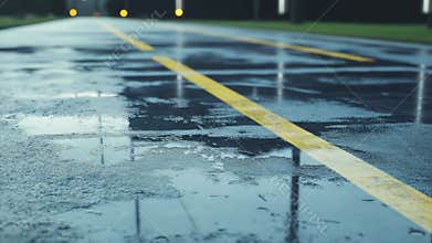 Wet asphalt road with puddles reflecting yellow lines