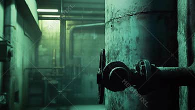 Industrial boiler room with rusty pipes and valve