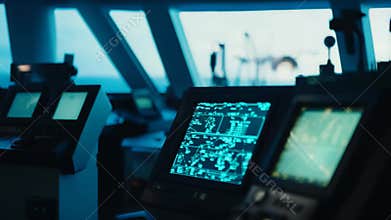Ship bridge navigation system displaying maritime technology data