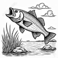 Black and white drawing of a large fish jumping out of water near reeds and rocks. Clouds float in the sky above the lake. This