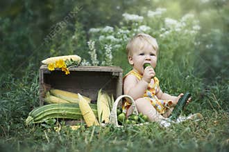 Little girl eating self grown cucumber