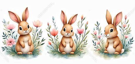 Three cute bunnies sit among pastel flowers and green leaves. Watercolor style illustration depicts happy spring animals in a