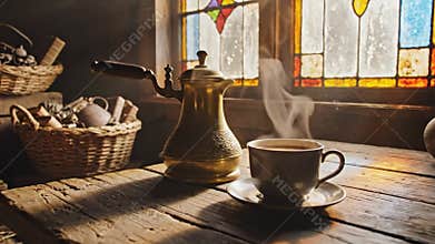 A lone antique coffee plant rests on a worn wooden table in a dim, rustic kitchen