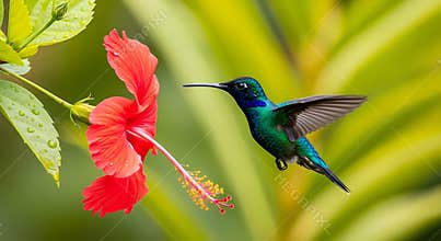 Hummingbird Feeding on Red Hibiscus Flower in Green Garden