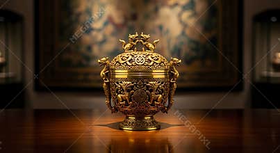 Ornate Golden Vase with Dragon Motif on Wooden Table