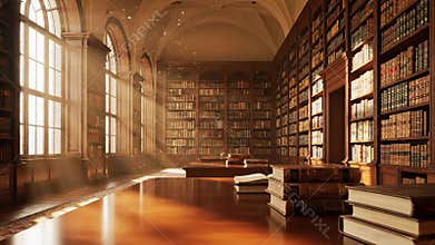Sunlit library interior with arched windows and tall bookshelves