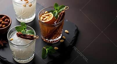Cocktail glasses with dates mint garnish on black slate