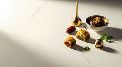 Assorted Middle Eastern Sweets and Gold Decorations on Beige Background