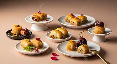 Assortment of Baklava and Other Sweet Pastries on Plates and Stands