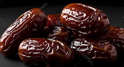 Dates Piled Together on Dark Background Shining